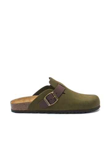 Mandel Leren clogs "Noe" kaki