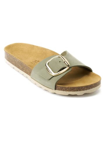 Mandel Leren slippers "Agata" kaki