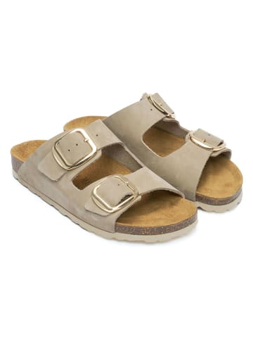 Mandel Leren slippers taupe