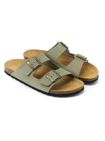 Mandel Leren slippers "Alberto" kaki