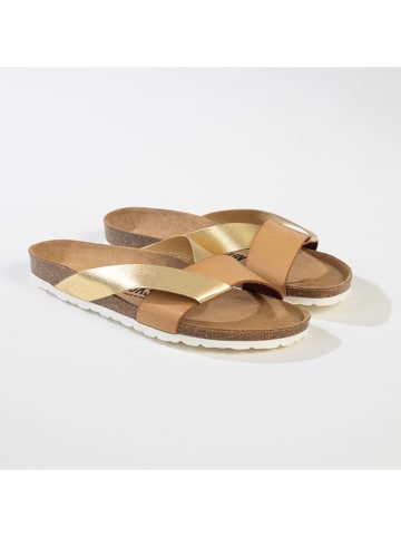 BACKSUN Leder-Pantoletten "Tingo" in Hellbraun/ Gold