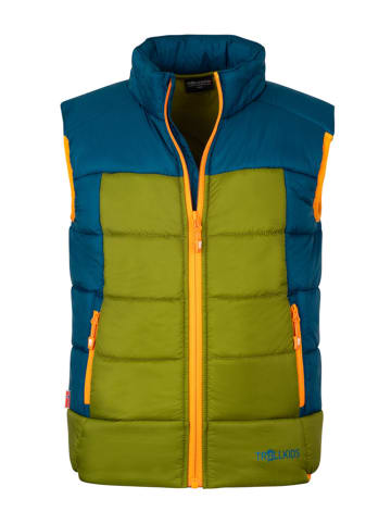 Trollkids Doorgestikte bodywarmer "Hardanger" kaki/blauw/oranje