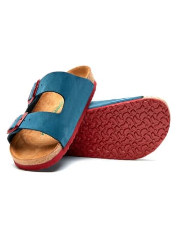 Comfortfusse Leder-Pantoletten in Dunkelblau/ Rot