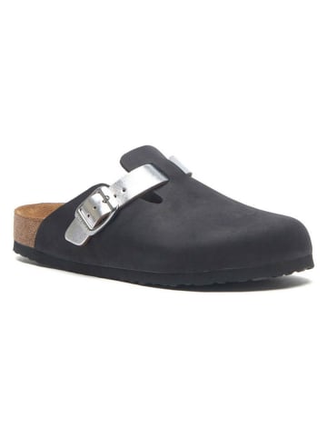 Comfortfusse Leren clogs zwart/zilverkleurig