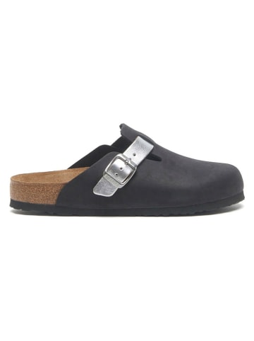 Comfortfusse Leder-Clogs in Schwarz/ Silber