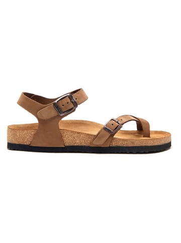 Comfortfusse Leren teensandalen zandkleurig
