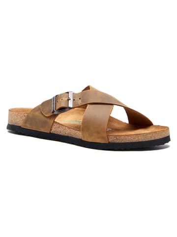 Comfortfusse Leder-Pantoletten in Hellbraun