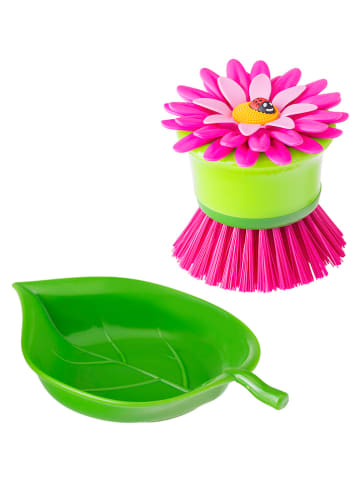 Vigar Szczotka "Flower power" w kolorze zielono-różowym do zmywania - wys. 7,5 cm
