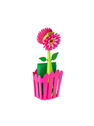 Vigar 3tlg. Set: Küchenbürste, Schwamm und Behälter in Pink/ Grün