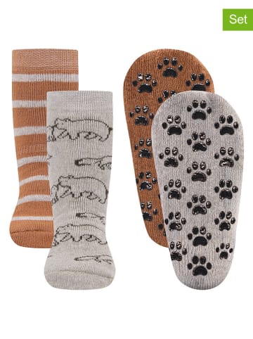 ewers 2er-Set: ABS-Socken "Waldtiere" in Grau/ Hellbraun