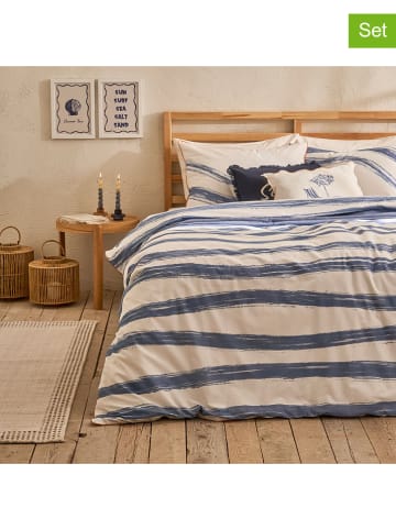 BELLA MAISON 3-delige satijnen beddengoedset "Marine" wit/blauw
