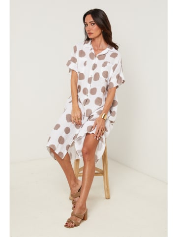 Le Monde du Lin Leinen-Kleid in Weiß/ Taupe
