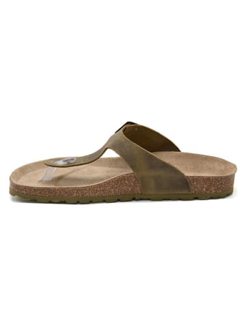 JOLANA & FENENA Leren teenslippers kaki