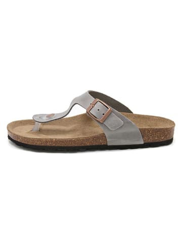 JOLANA & FENENA Leren teenslippers grijs