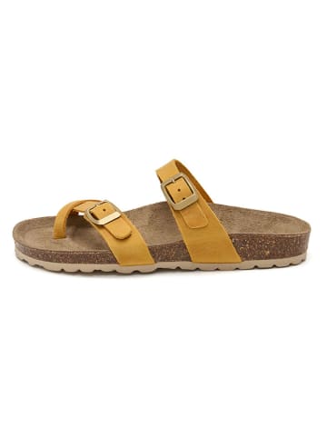 JOLANA & FENENA Leren teenslippers geel