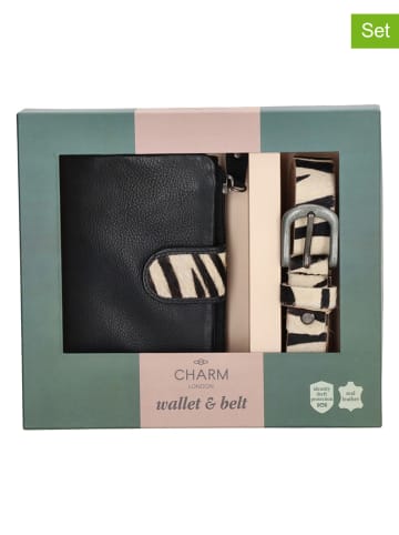 CHARM LONDON 2-delige set: leren portemonnee en riem zwart/beige