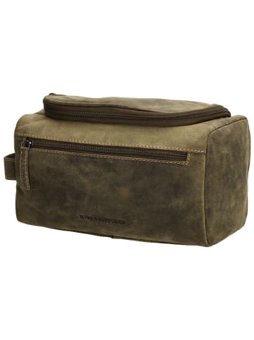 HIDE & STITCHES Leder-Kosmetiktasche in Khaki - (B)26 x (H)15 x (T)14,5 cm