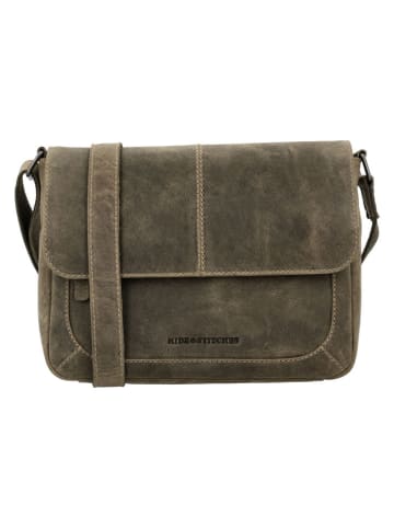 HIDE & STITCHES Leder-Umhängetasche "Idaho" in Khaki - (B)27 x (H)21 x (T)7 cm