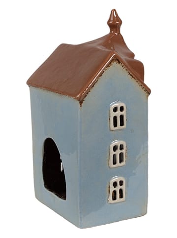 Clayre & Eef Theelichthouder "Huis" bruin/lichtblauw - (B)13 x (H)22 x (D)9 cm