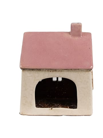 Clayre & Eef Theelichthouder "Huis" beige/lichtroze - (B)13 x (H)16 x (D)10 cm