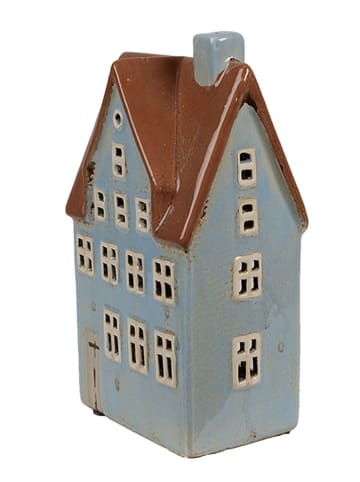 Clayre & Eef Theelichthouder "Huis" blauw/lichtbruin - (B)11 x (H)20 x (D)8 cm