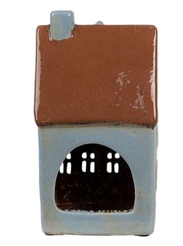 Clayre & Eef Theelichthouder "Huis" blauw/lichtbruin - (B)11 x (H)20 x (D)8 cm