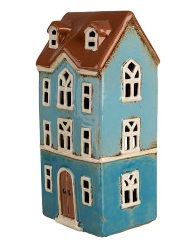 Clayre & Eef Theelichthouder "Huis" turquoise/lichtbruin - (B)11 x (H)22 x (D)9 cm