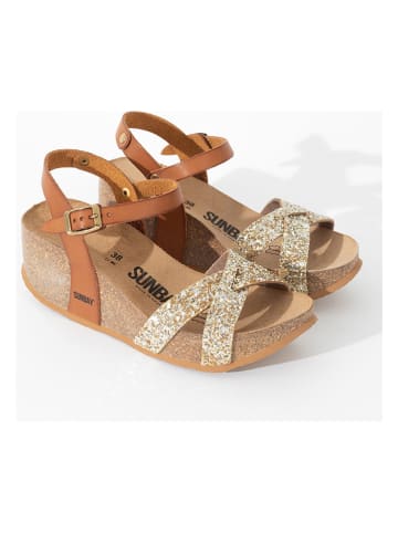 Sunbay Leren sleehaksandalen camel/goudkleurig