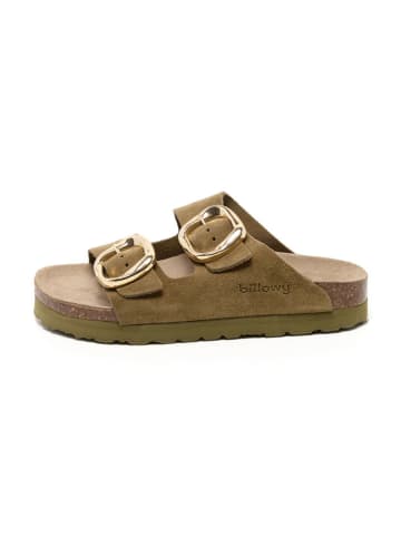 billowy Leder-Pantoletten in Khaki