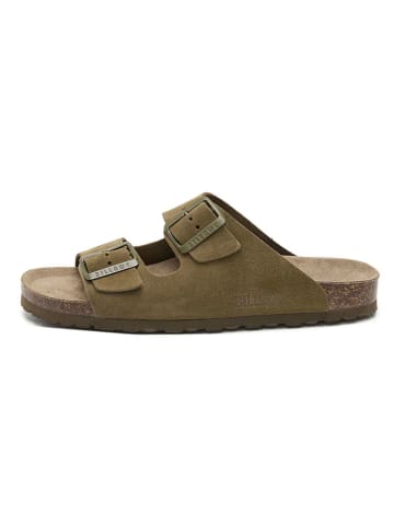 billowy Leder-Pantoletten in Khaki