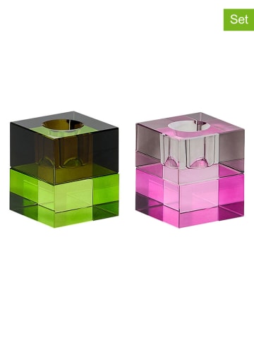 Hübsch Świeczniki (2 szt.) "Block" w kolorze zielonym i różowym - 6 x 5 x 5 cm