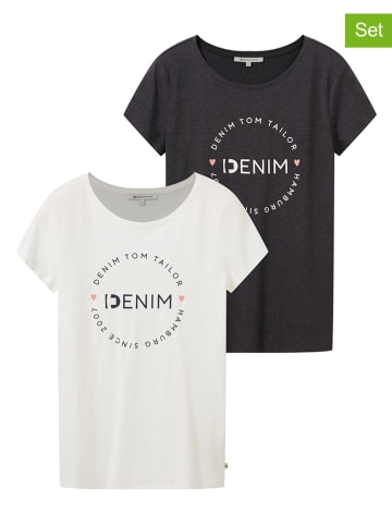 TOM TAILOR Denim 2er-Set: Shirts in Grau/ Weiß