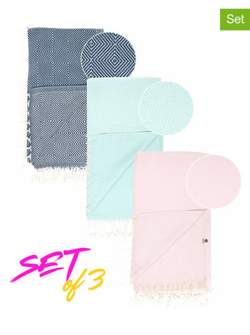 Samimi 3-delige set: hamamdoeken donkerblauw/turquoise/lichtroze - (L)180 x (B)100 cm