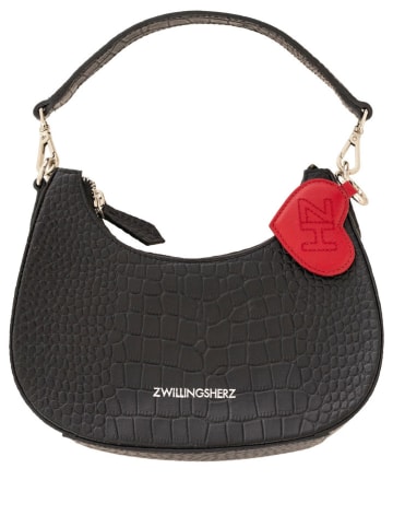 Zwillingsherz Leder-Henkeltasche "Halfmoon Croco" in Schwarz - (B)22 x (H)18 x (T)7 cm