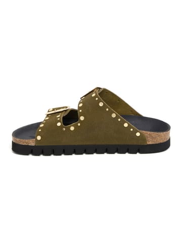 billowy Leder-Pantoletten in Khaki