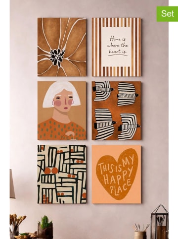 Wallity 6-delige set: kunstdrukken op canvas lichtbruin/crème