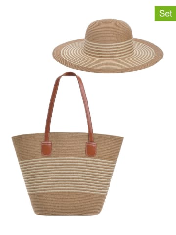 BLE 2-delige set: strohoed & shopper lichtbruin