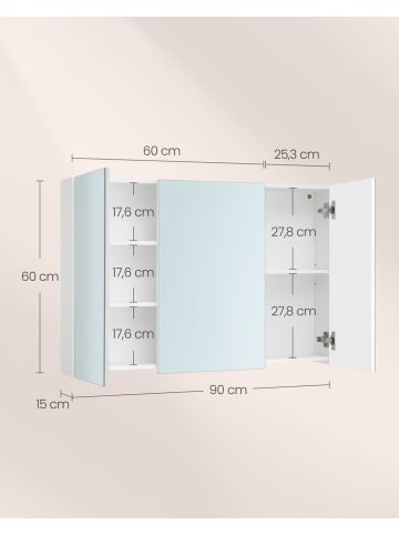 VASAGLE Spiegelschrank in Weiß - (B)90 x (H)60 x (T)15 cm