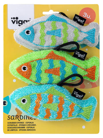 Vigar 3er-Set: Scheuerschwämme "Sardines" in Hellblau/ Grün - (L)15 x (B)6,5 cm