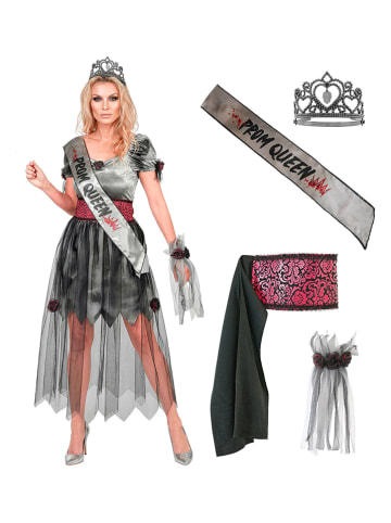 Widmann 5-delige kostuum "ZOMBIE PROM QUEEN" zilverkleurig/zwart