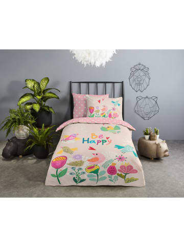 Renforcé-Bettwäsche-Set "Happily" in Rosa/ Türkis