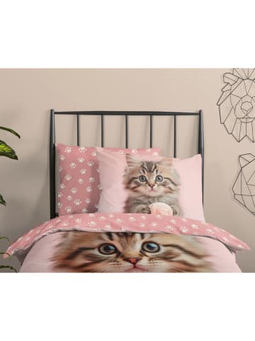 Renforcé beddengoedset "Chat" lichtroze/lichtbruin