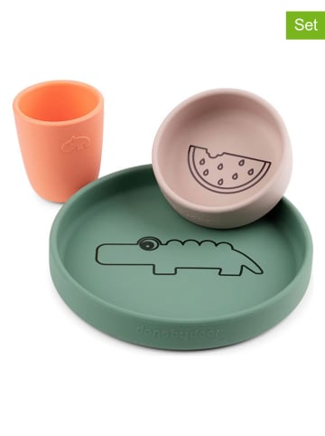 3-delige eetleerset "Croco" groen/oranje/lichtroze