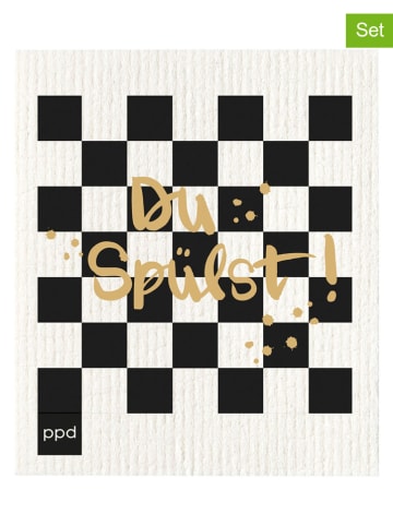 2er-Set: Schwammtücher "Du spülst!" in Creme/ Schwarz - (B)17 x (H)20 cm