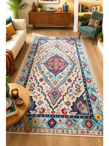 Kurzflor-Teppich "Haelen" in Creme/ Türkis