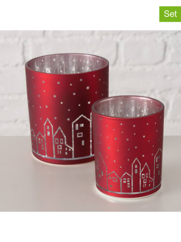2er-Set: Windlichter "Little Town" in Rot/ Silber