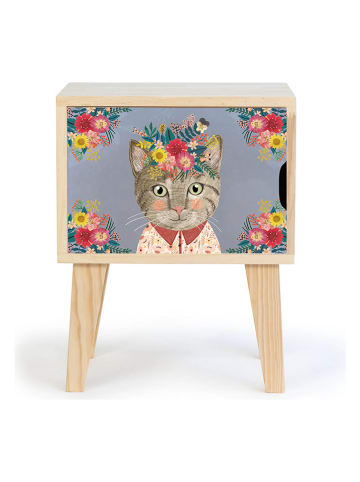 Nachttisch "Floral Cat" in Blau/ Hellbraun - (B)42 x (H)54 x (T)30 cm