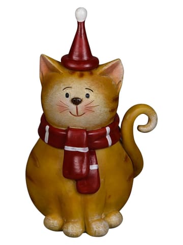Dekofigur "Katze" in Hellbraun/ Rot - (H)14 cm