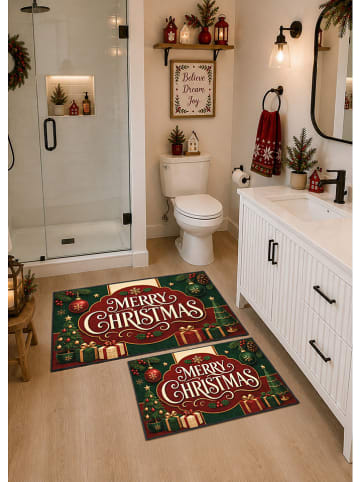 2-delige set: badmatten "Merry Christmas" rood