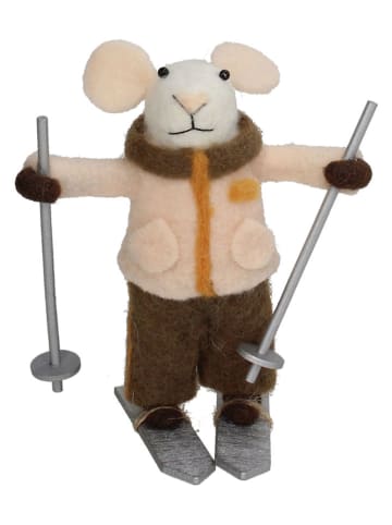 Figurka dekoracyjna "Mouse Ski" w kolorze kremowo-brązowym - wys. 11 cm